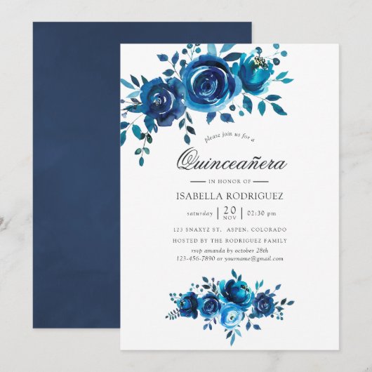 Invitation Marine et aquarelle blanche Floral Quinceañera (Devant / Derrière)