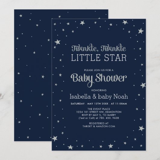 Invitation Marine et Argent | Baby shower Twinkle Little Star (Devant / Derrière)