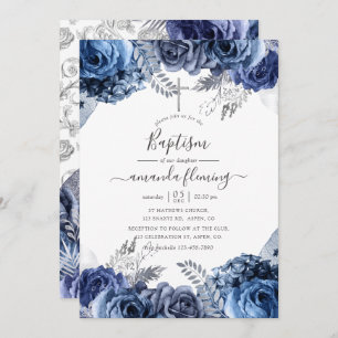 Invitation Marine et blanc avec huile d'argent Baptême floral