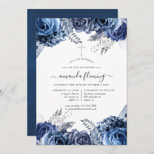 Invitation Marine et blanc avec huile d'argent Baptême floral
