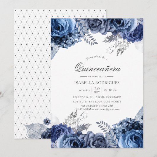 Invitation Marine et blanc avec huile d'argent Floral Quincea (Devant / Derrière)