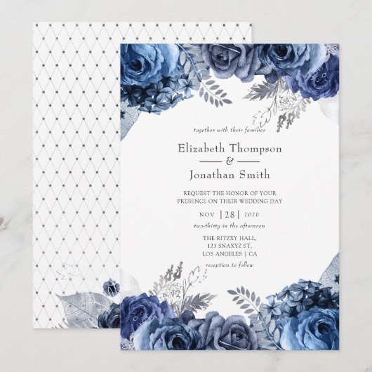 Invitation Marine et blanc avec Mariage floral à huile d'arge (Devant / Derrière)