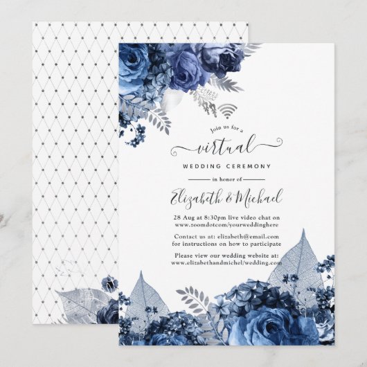 Invitation Marine et blanc avec Mariage virtuel Silver Foil (Devant / Derrière)