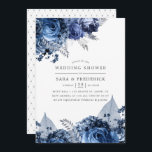 Invitation Marine et blanc avec Wedding shower à huile d'arge<br><div class="desc">Invitations wedding showers de fleurs blanches et de la marine aux accents de feuille d'argent.</div>