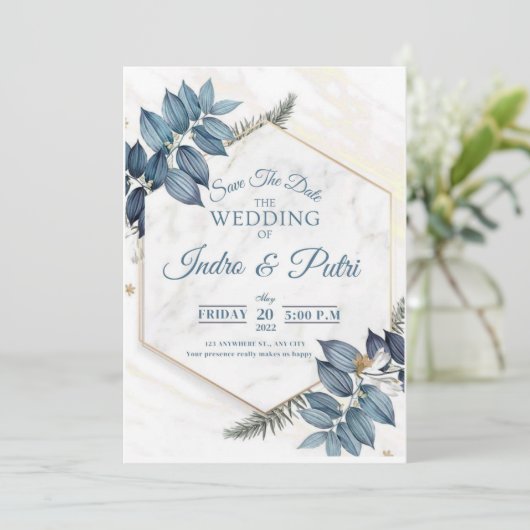 Invitation Marine et bleu clair aquarelle florale tout en un (Debout devant)