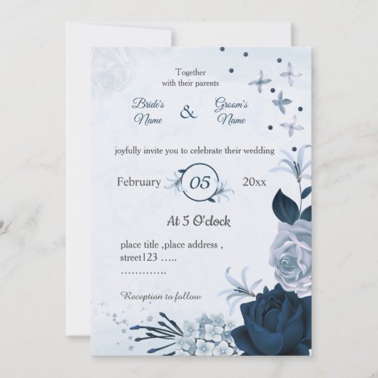 Invitation marine et bleu poussiéreux fleurs mariage botaniqu (Devant)