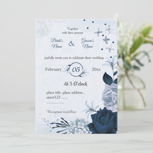 Invitation marine et bleu poussiéreux fleurs mariage botaniqu (Debout devant)