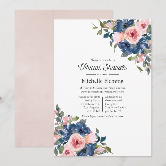 Invitation Marine et Blush Floral Baby shower virtuel (Devant / Derrière)