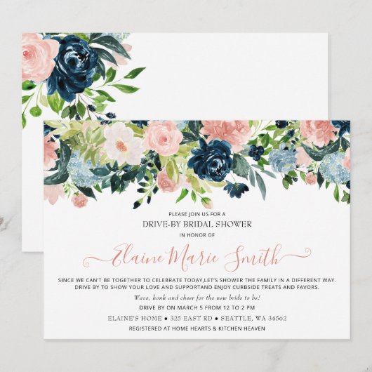 Invitation Marine et Blush Floral Drive Fête des mariées (Devant / Derrière)
