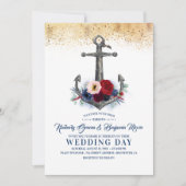 Invitation Marine et Bourgogne Floral Ancre Mariage nautique (Devant)