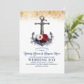 Invitation Marine et Bourgogne Floral Ancre Mariage nautique (Debout devant)