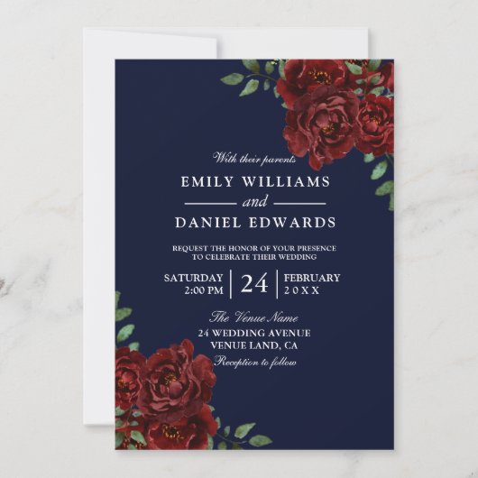 Invitation Marine et Bourgogne Rouge Romantique Rose Mariage (Devant)