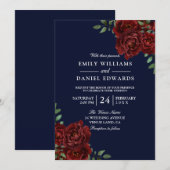 Invitation Marine et Bourgogne Rouge Romantique Rose Mariage (Devant / Derrière)