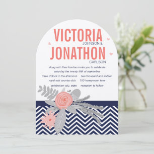 Invitation Marine et Coral Zigzag Chevron Floral Mariage