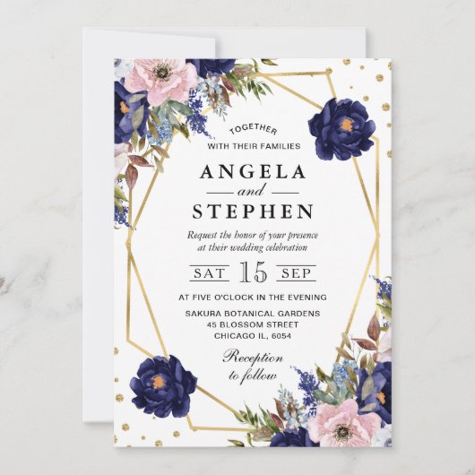 Invitation Marine et crème Fleurs d'été Mariage Gold Frame (Devant)