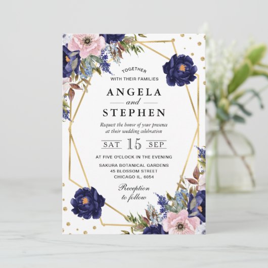 Invitation Marine et crème Fleurs d'été Mariage Gold Frame (Debout devant)