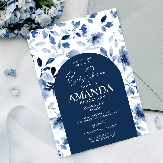 Invitation Marine et Dusty Blue Boy Baby shower floral