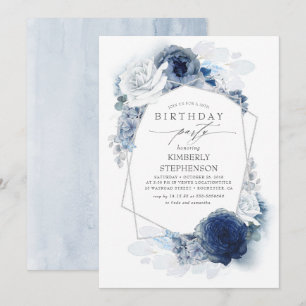 Invitation Marine et Dusty Blue Floral moderne fête d'anniver