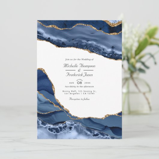 Invitation Marine et Gold Agate Stone QR Code RSVP Mariage (Debout devant)