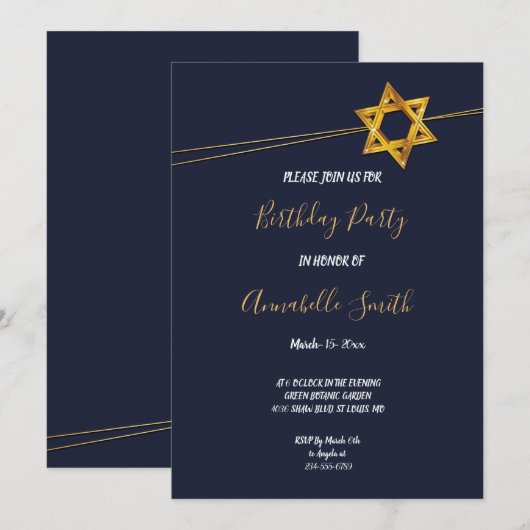Invitation Marine et Golden Star de David Anniversaire (Devant / Derrière)