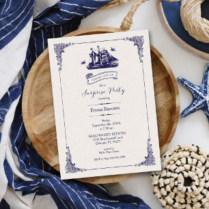 Invitation Marine et Ivory Vintage Ship Surprise Party