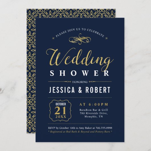 Invitation Marine et Or | Élégant Wedding shower Couples (Devant / Derrière)