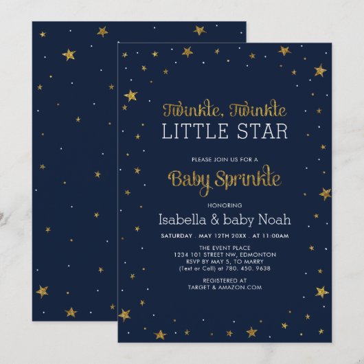 Invitation Marine et Or | Twinkle Little Star Baby Sprinkle (Devant / Derrière)