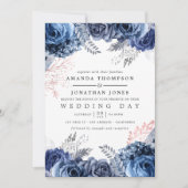 Invitation Marine et rose avec Mariage floral à huile d'argen (Devant)