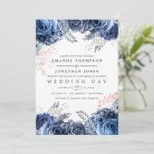 Invitation Marine et rose avec Mariage floral à huile d'argen (Debout devant)