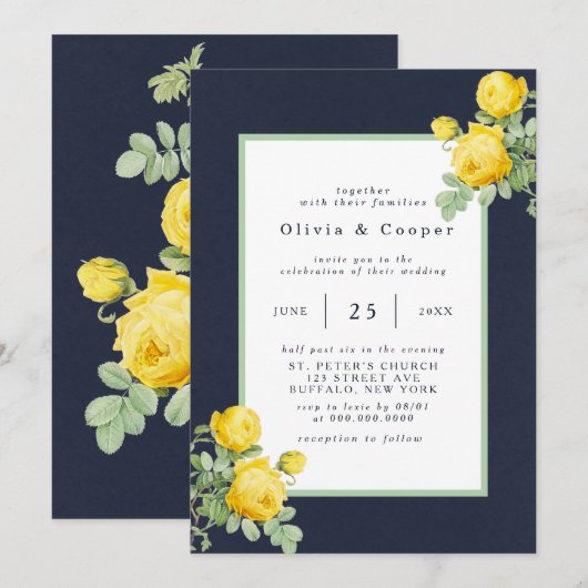 Invitation Marine et Rose jaune Mariage romantique (Devant / Derrière)
