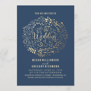 Invitation Marine Faux Gold Foil Floral Bouquet Mariage