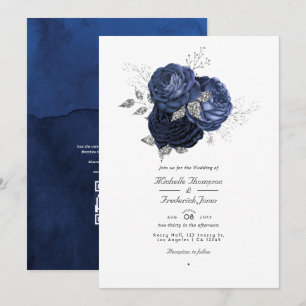 Invitation Marine & Faux Parties scintillant Argent Floral QR
