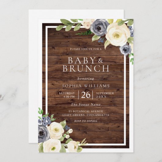 Invitation Marine & Fleurs blanches Baby shower rustique Brun (Devant / Derrière)