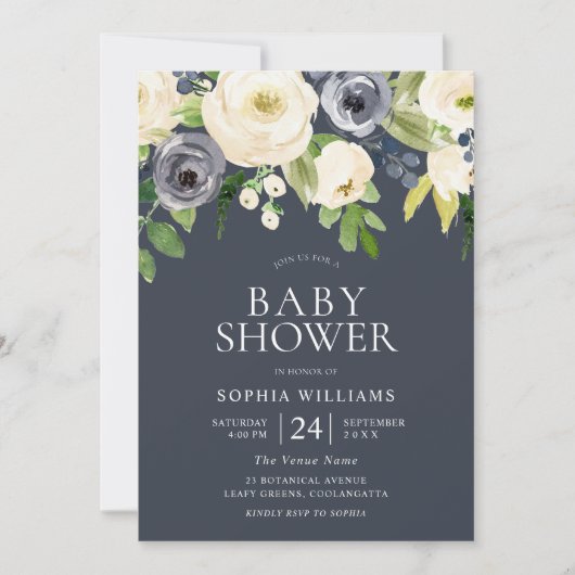 Invitation Marine & Fleurs Blanches Fille Garçon Baby shower (Devant)