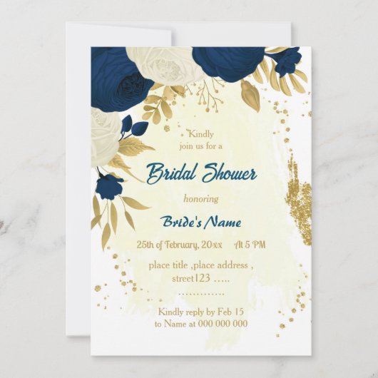 Invitation marine & fleurs blanches or nuptiale (Devant)