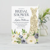 Invitation Marine & Fleurs blanches Robe d'or Fête des mariée (Debout devant)