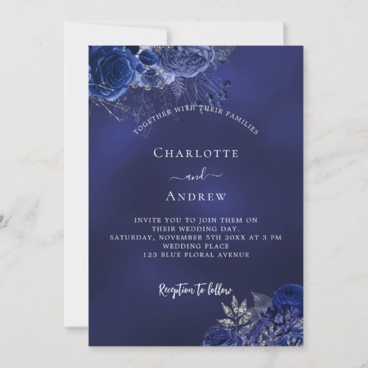 Invitation Marine fleurs bleues Code QR mariage RSVP (Devant)