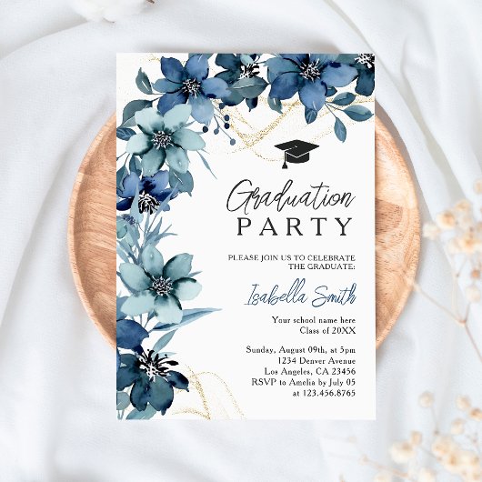 Invitation Marine Fleurs sauvages bleu Chic Graduation