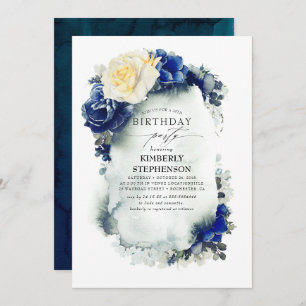 Invitation Marine Floral bleu et jaune Vintage Anniversaire