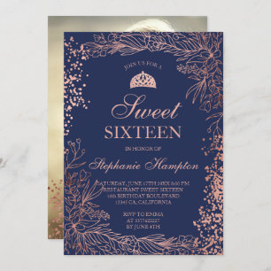 Invitation Marine florale d'or Rose Tiara chic Sweet 16