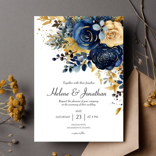 Invitation Marine Florale moderne Blue Gold Mariage élégant