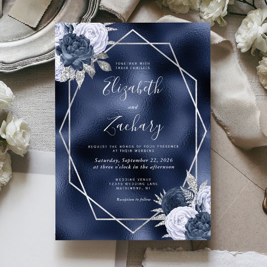 Invitation Marine Foil Dusty Blue Silver Floral Mariage