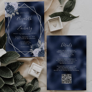 Invitation Marine Foil Dusty Blue Silver Floral QR Code Maria