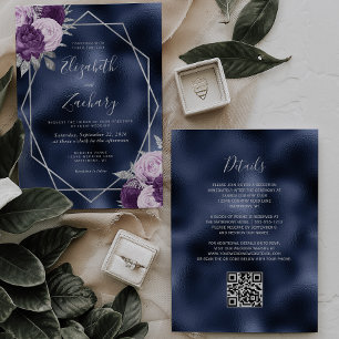 Invitation Marine Foil Lilac Silver Floral QR Code Mariage