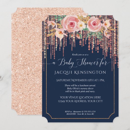 Invitation Marine Fringe Rose Or Blush Rose Floral Douche (Devant / Derrière)