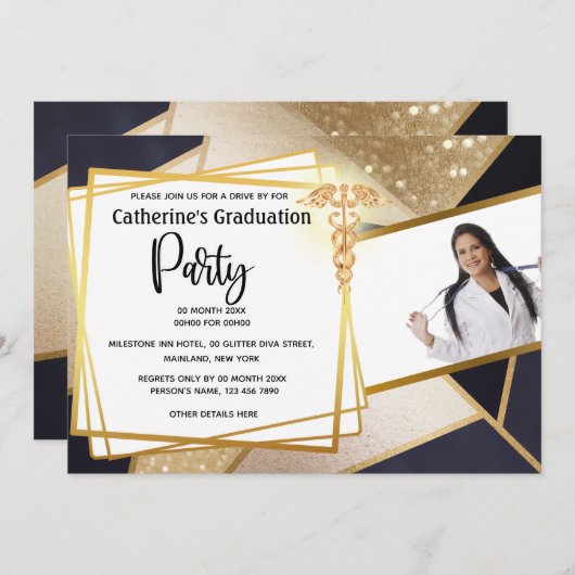 Invitation Marine géométrique or do-it-yourself photo caduceu (Devant / Derrière)