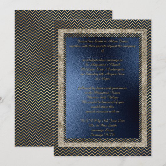 Invitation Marine Gold Chevron élégante papeterie de mariage (Devant / Derrière)