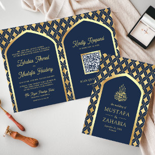 Invitation Marine Gold Diamonds Arch QR Code Mariage musulman