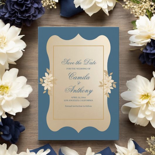Invitation Marine Gold Floral Boho Mariage Enregistrer La Dat