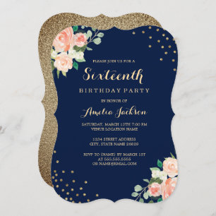 Invitation Marine Gold Floral Confetti 16e fête d'anniversair